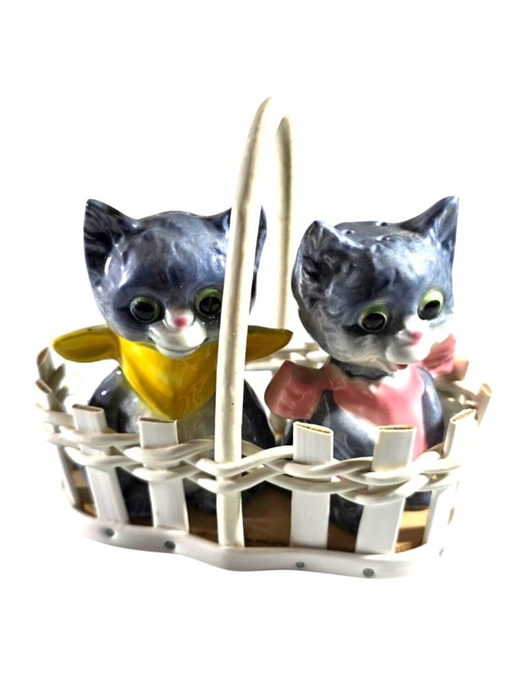 Cat Salt Pepper Shakers Vtg Ceramic With Basket By Goebel anthropomorphic